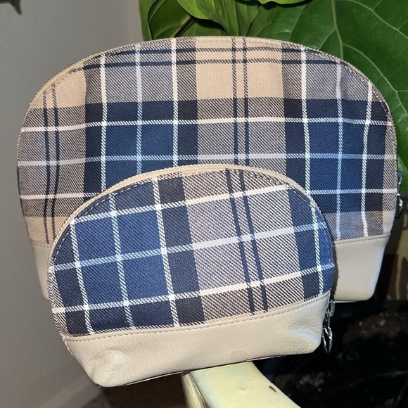 BARBOUR Women’s 2 piece TARTAN Makeup Bags TEMPEST TRENCH TARTAN Blue Tan - Picture 4 of 16